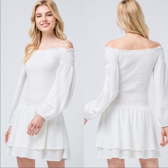 NWT Entro Dress Size Small Smocked White Long Sleeve Off Shoulder Tiered Skirt - Picture 2 of 8